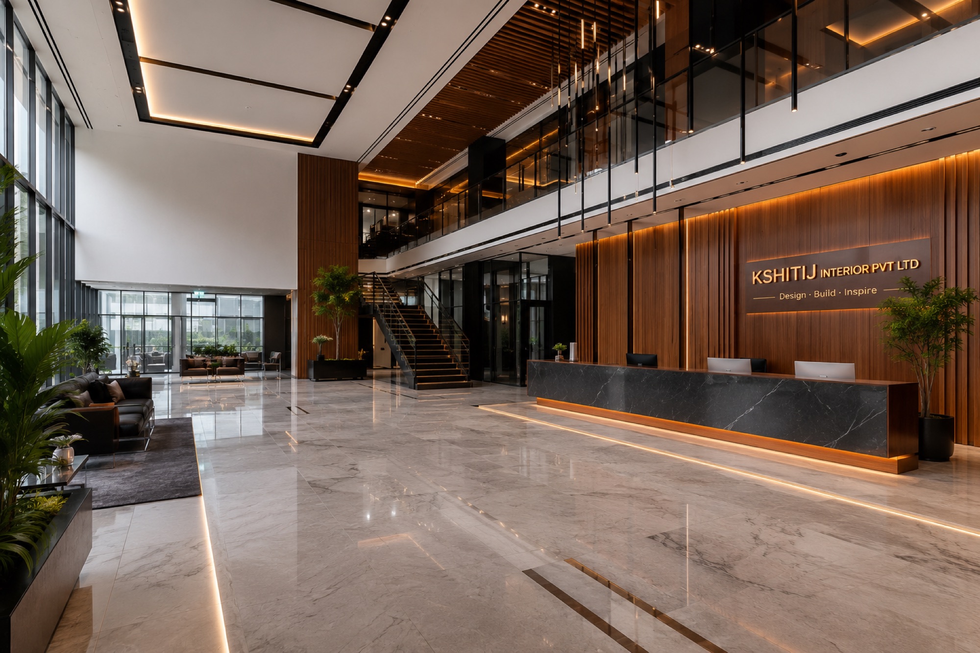A corporate reception and lobby interior.